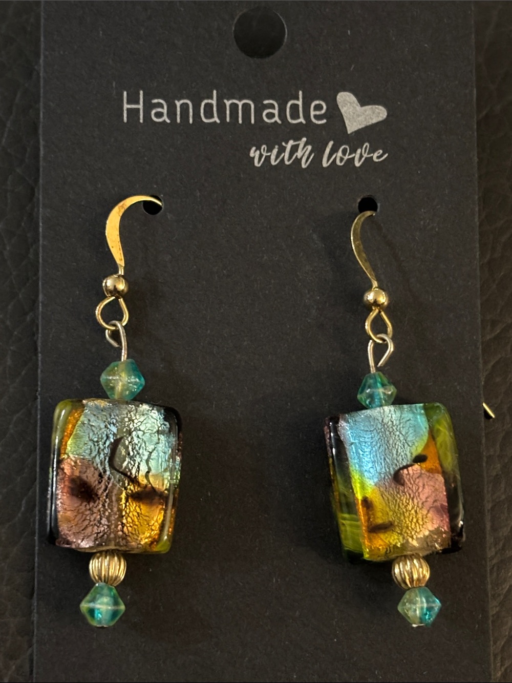 Handmade Multicolor Dichroic Glass Drop Earrings - Gold tone Hooks